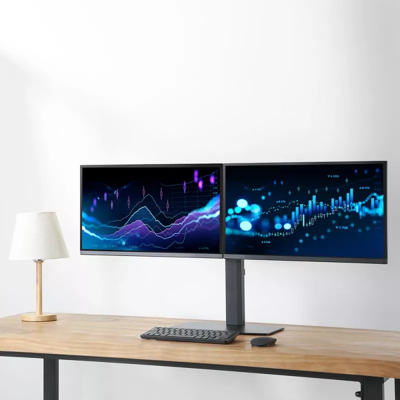 ACT monitoriaus stovas 27 inch biurui, laisvai stovintis su dujine spyruokle, skersiniu, 2 monitoriams