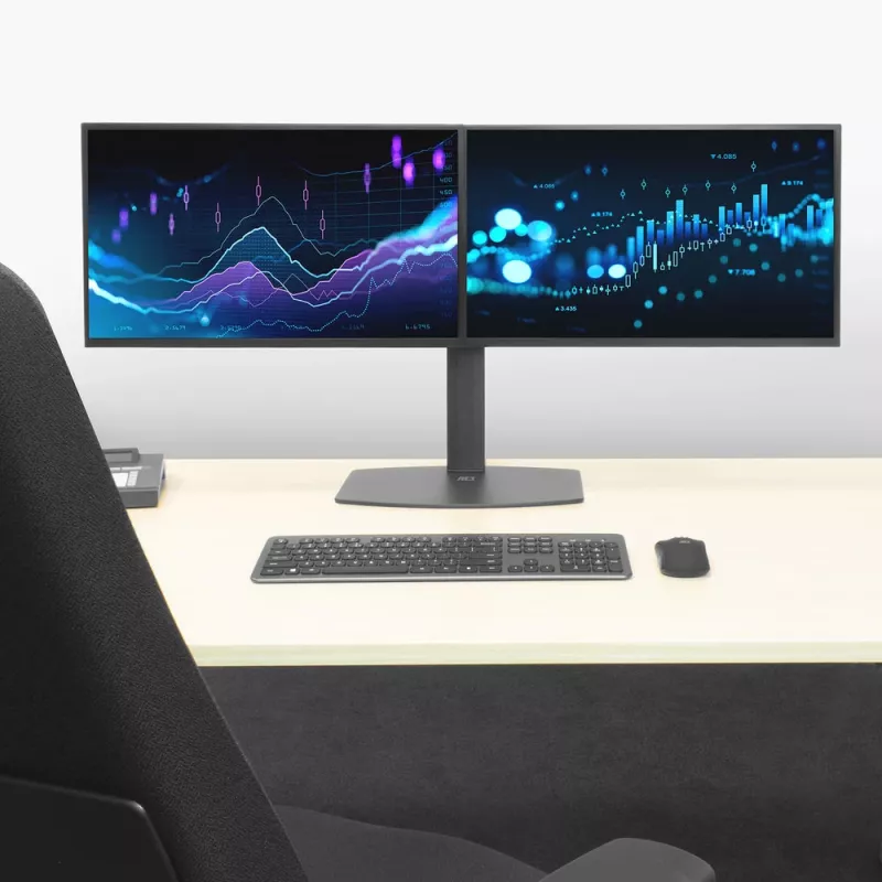 ACT monitoriaus stovas 27 inch biurui, laisvai stovintis su dujine spyruokle, skersiniu, 2 monitoriams