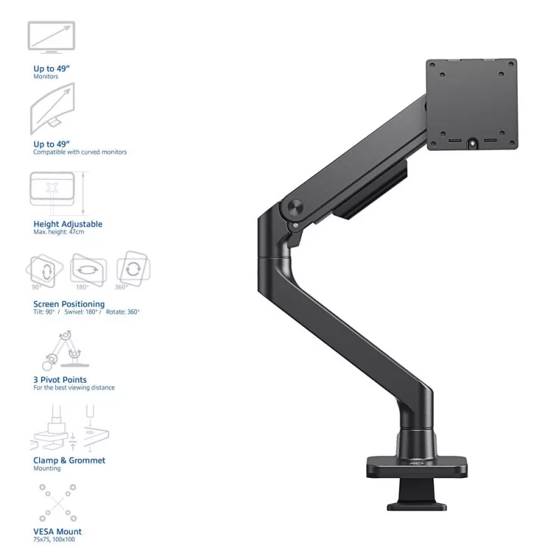 ACT Monitor laikiklis 49 colių biuro premium dujinė spyruoklė 1 monitoriui Clamp/Grommet 20 kg
