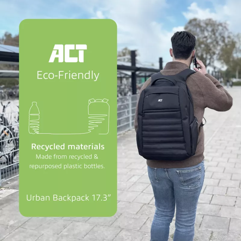 ACT Urban nešiojamojo kompiuterio kuprinė 17,3 colio, pagaminta iš perdirbtų plastikinių butelių