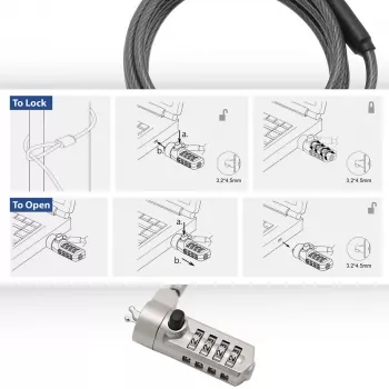 ACT Wedge nešiojamojo kompiuterio užraktas su kombinuota spyna, metalinės spalvos, 2 m kabelis