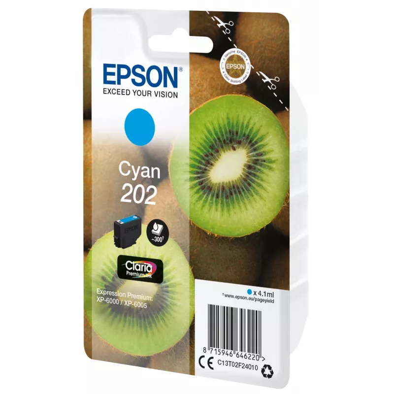 Epson Kiwi Singlepack Žydra 202 Claria Premium Ink, Standartinė talpa, Žydra, 4,1 ml, 1 vnt., 300 puslapių