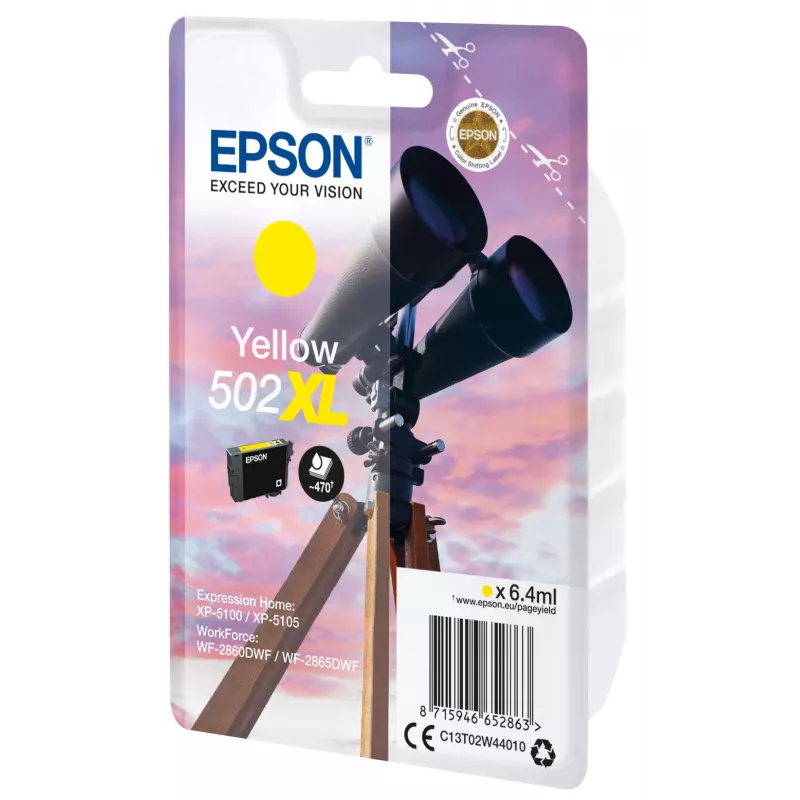Epson Singlepack Yellow 502XL rašalas, didelės talpos (XL), geltonas, pigmentinis rašalas, 6,4 ml, 1 vnt., 470 puslapių
