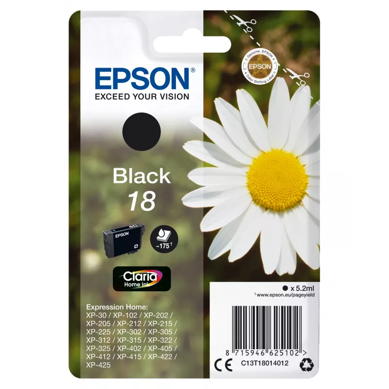 Epson Daisy Singlepack Juoda 18 Claria Home Ink, Juoda, pigmentinis rašalas, 5.2 ml, 1 vnt., 175 puslapių