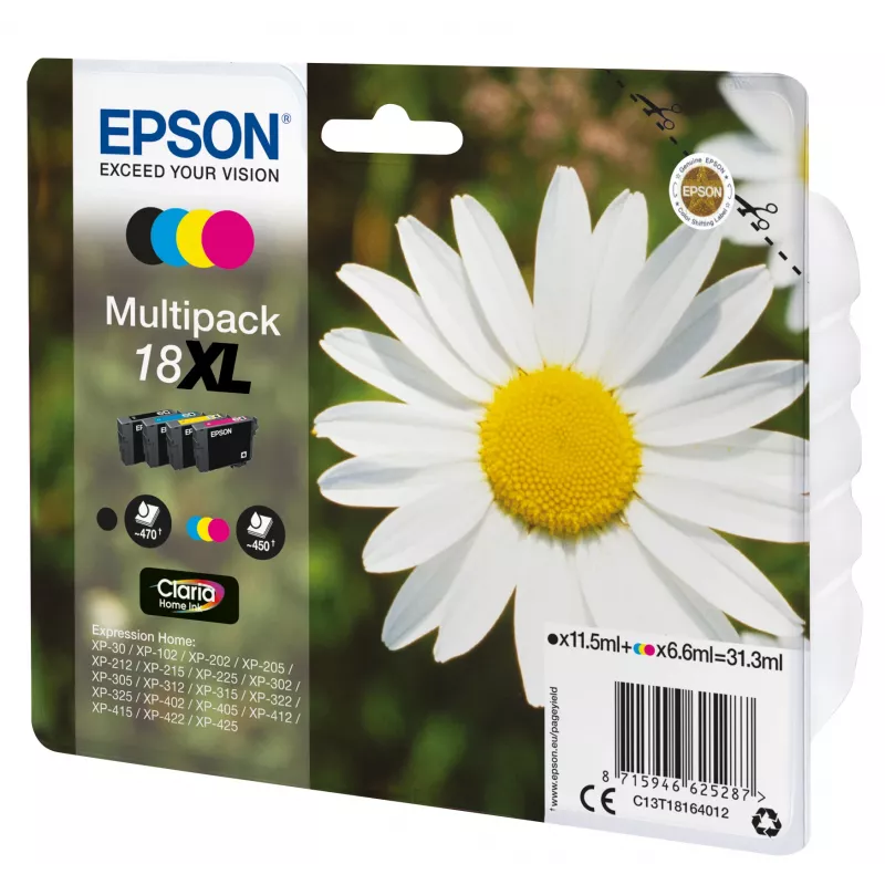 Epson Daisy 4 spalvų daugiafunkcis rinkinys 18XL Claria Home rašalas, juodas, žydras, purpurinis, geltonas, 11,5 ml, 6,6 ml, 1 vnt., 470 puslapių, daugiafunkcis rinkinys