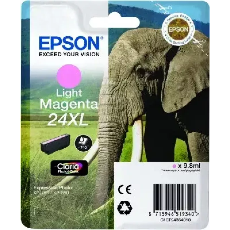 Epson Elephant rašalo kasetė, vienos pakuotės, šviesiai purpurinė 24XL Claria Photo HD (viena, pigmentinis rašalas, šviesiai purpurinė)