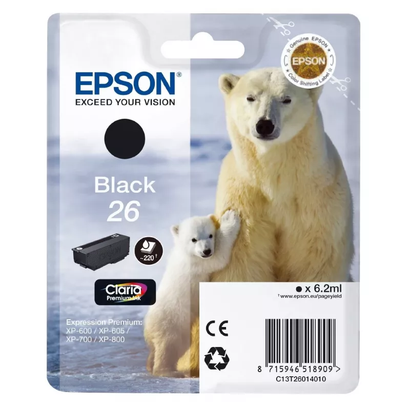 Epson Polar bear Singlepack Juoda 26 Claria Premium Ink, Juoda, pigmentinis rašalas, 1 vnt.