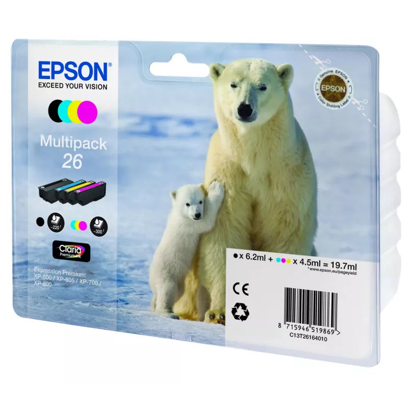 Epson Polar bear daugialypė pakuotė 4 spalvų 26 Claria Premium rašalas, juodas, žydras, purpurinis, geltonas, 6,2 ml, 4,5 ml, 1 vnt., daugialypė pakuotė
