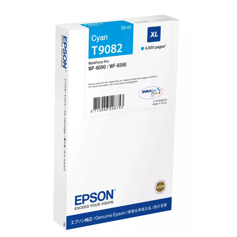 Rašalo kasetė Epson C13T908240 XL Cyan — originali, 39 ml, išeiga 4000 puslapių