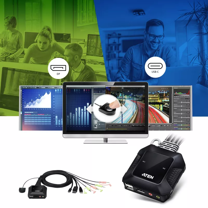 ATEN 2 prievadų USB-C DisplayPort hibridinis kabelinis KVM jungiklis, 4096 x 2160 pikselių, 4K Ultra HD, 0,74 W, juodas