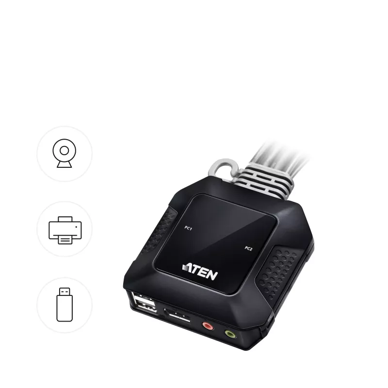 ATEN 2 prievadų USB-C DisplayPort hibridinis kabelinis KVM jungiklis, 4096 x 2160 pikselių, 4K Ultra HD, 0,74 W, juodas