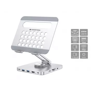 Conceptronic DONN26G, Sidabrinis, Planšetinis kompiuteris, Daugialypės terpės stovas, Aliuminis, 100 W, MicroSD (TransFlash), SD, SDHC, SDXC