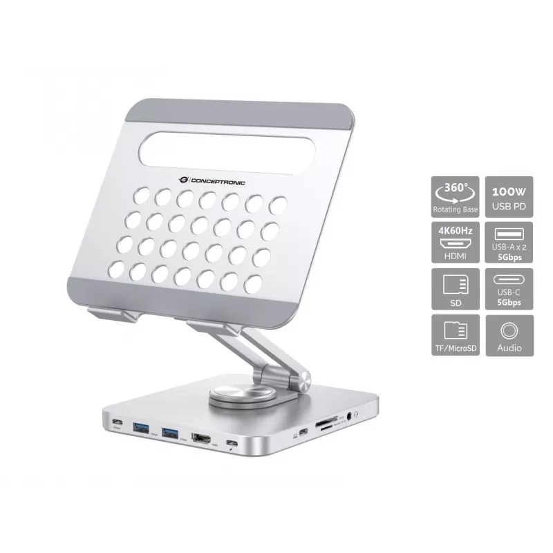 Conceptronic DONN26G, Sidabrinis, Planšetinis kompiuteris, Daugialypės terpės stovas, Aliuminis, 100 W, MicroSD (TransFlash), SD, SDHC, SDXC