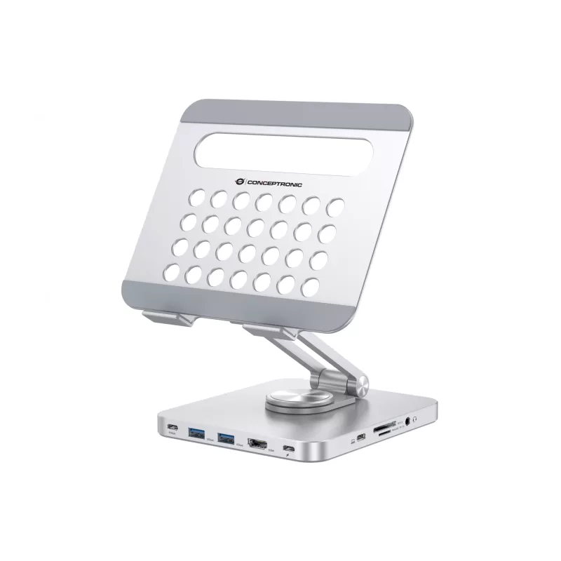 Conceptronic DONN26G, Sidabrinis, Planšetinis kompiuteris, Daugialypės terpės stovas, Aliuminis, 100 W, MicroSD (TransFlash), SD, SDHC, SDXC