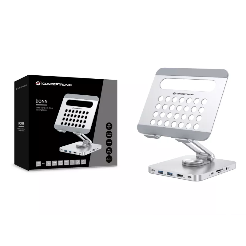 Conceptronic DONN26G, Sidabrinis, Planšetinis kompiuteris, Daugialypės terpės stovas, Aliuminis, 100 W, MicroSD (TransFlash), SD, SDHC, SDXC