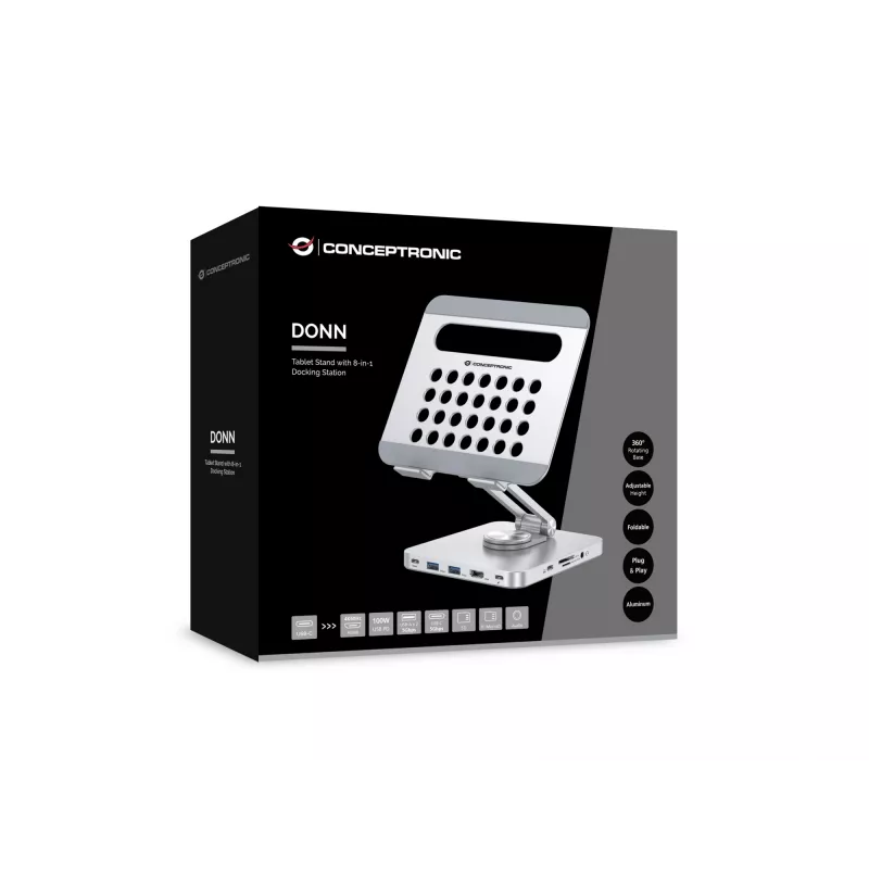 Conceptronic DONN26G, Sidabrinis, Planšetinis kompiuteris, Daugialypės terpės stovas, Aliuminis, 100 W, MicroSD (TransFlash), SD, SDHC, SDXC