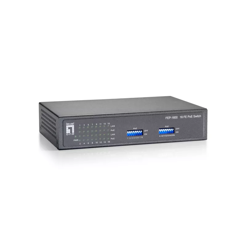 LevelOne 16 prievadų Fast Ethernet PoE komutatorius, 90W