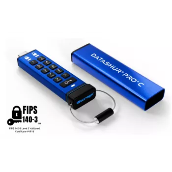 iStorage datAshur PRO+C 32GB | FIPS 140-3 Level 3 sertifikuotas | Saugus USB Type-C diskas | AES-XTS 256 bitų aparatinė šifravimas | Apsaugotas PIN kodu | Pridedamas Type C-A adapteris