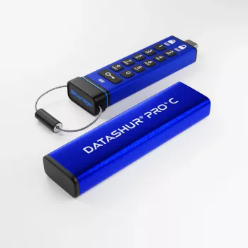 iStorage datAshur PRO+C 32GB | FIPS 140-3 Level 3 sertifikuotas | Saugus USB Type-C diskas | AES-XTS 256 bitų aparatinė šifravimas | Apsaugotas PIN kodu | Pridedamas Type C-A adapteris