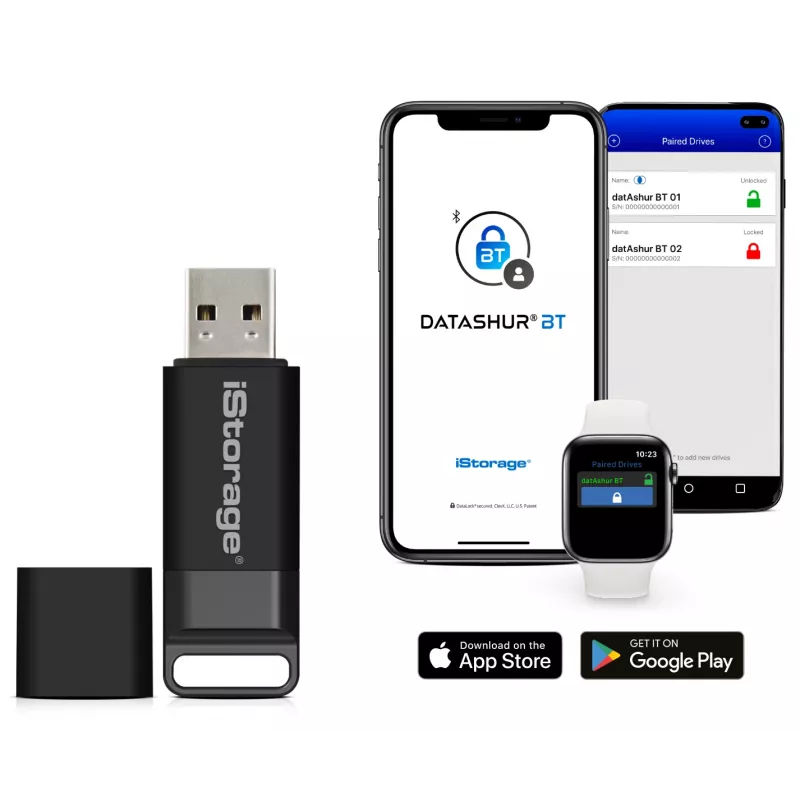 iStorage datAshur BT 64 GB | Užšifruota saugi USB atmintinė | Atrakinimas per išmanųjį telefoną naudojant Bluetooth | FIPS 140-2 3 lygio sertifikuota | Parengta nuotoliniam valdymui