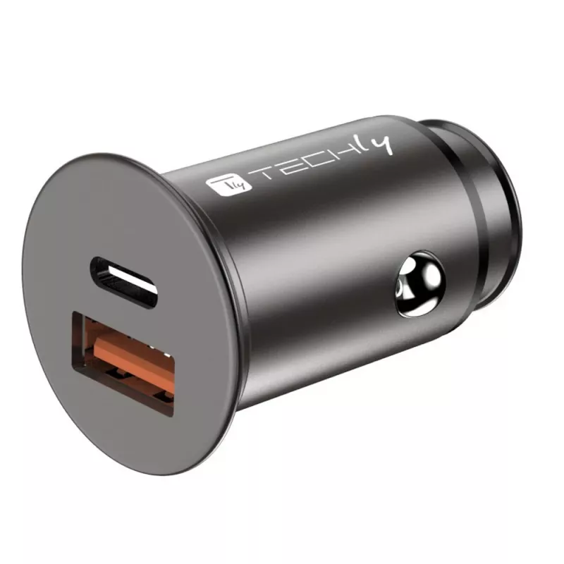 Techly Mini automobilinis kroviklis USB-A ir USB-C greitasis įkrovimas 3.0 38W juodo metalo