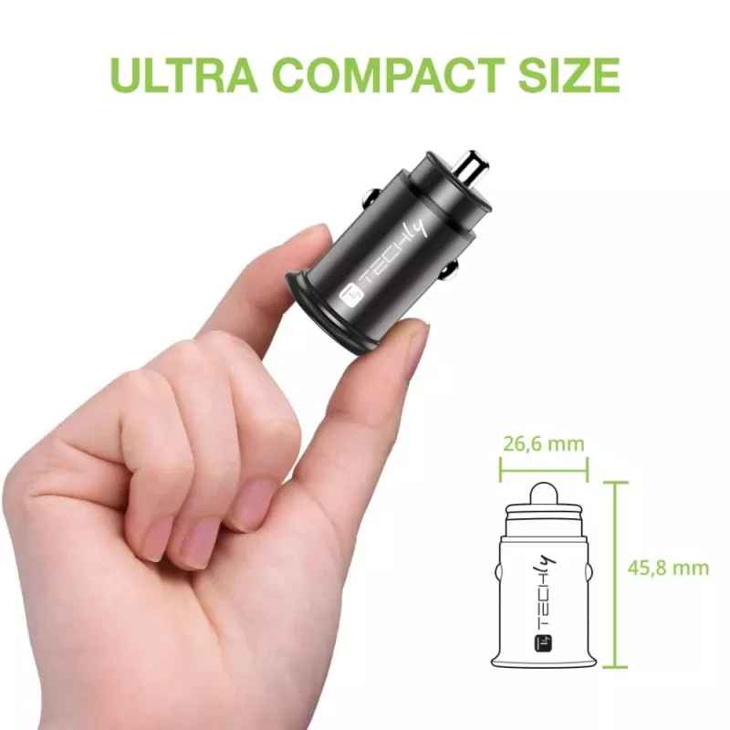 Techly Mini automobilinis kroviklis USB-A ir USB-C greitasis įkrovimas 3.0 38W juodo metalo