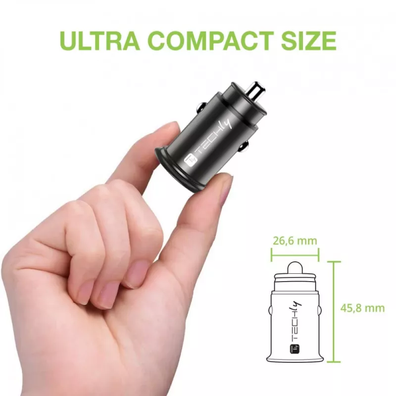 Techly Mini automobilinis kroviklis USB-A ir USB-C greitasis įkrovimas 3.0 38W juodo metalo