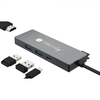 Techly IUSB32C-HUB4HPD nešiojamojo kompiuterio dokas / prievadų kopijuoklis Laidinis USB 3.2 Gen 2 (3.1 Gen 2) Type-C Pilka
