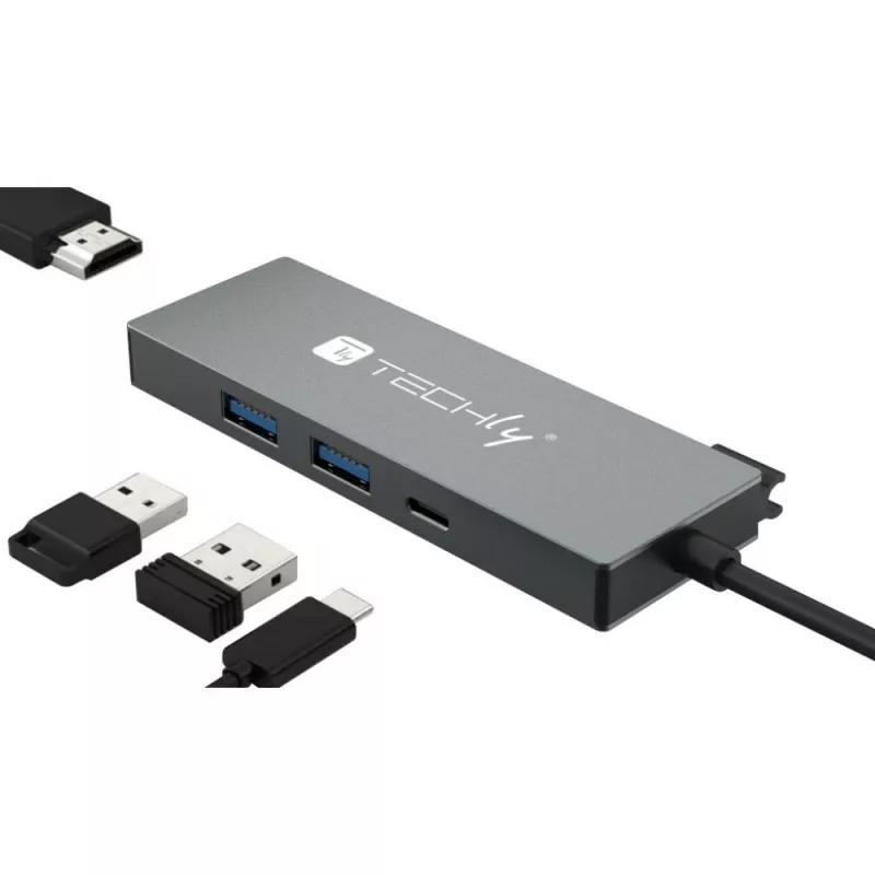 Techly IUSB32C-HUB4HPD nešiojamojo kompiuterio dokas / prievadų kopijuoklis Laidinis USB 3.2 Gen 2 (3.1 Gen 2) Type-C Pilka