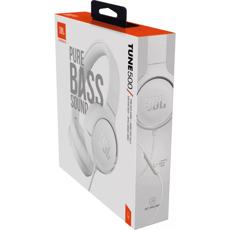 JBL Tune 500 WHITE, laidinis, 20 - 20000 Hz, muzikai, 148 g, ausinės, baltos