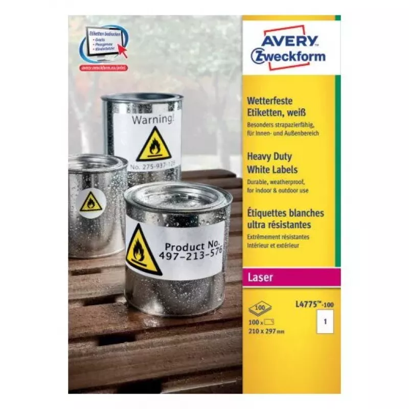 Lipnios apvalintais kampais etiketės Avery Zweckform L4775-100, nuolatinės baltos, 210×297 mm, 100 vnt.