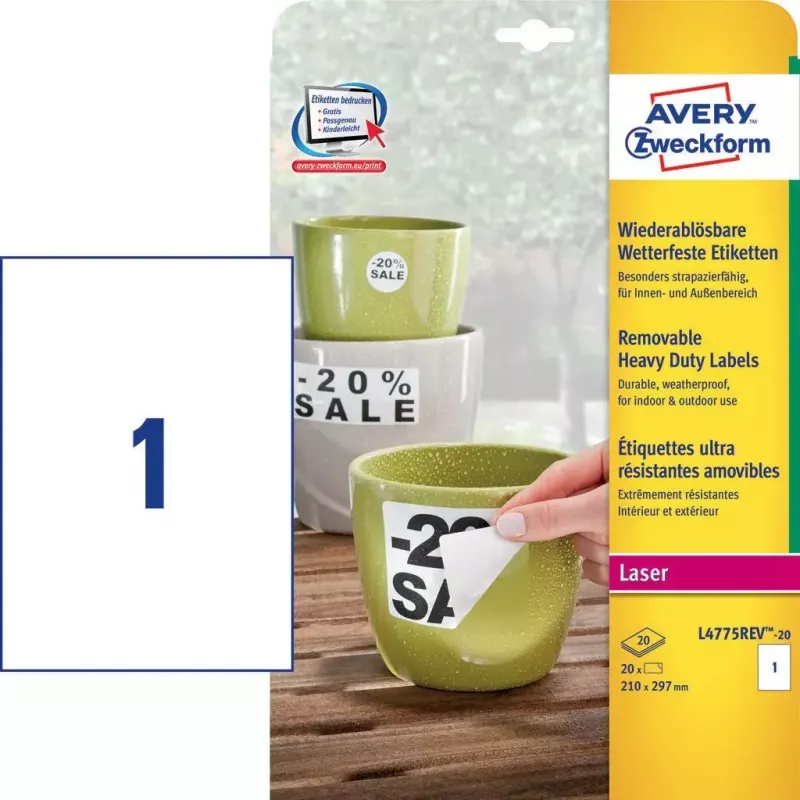 Lipnios stačiakampės etiketės Avery Zweckform L4775REV-20 — baltos, nuolatinis klijavimas, 210×297 mm, 20 lapų