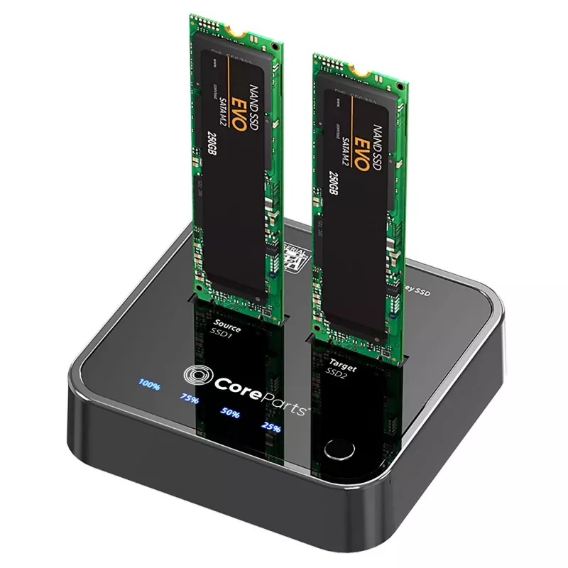CoreParts MS-CLONER-SATA atminties laikmenų prijungimo stotelė USB 3.2 Gen 2 (3.1 Gen 2) Type-C juoda