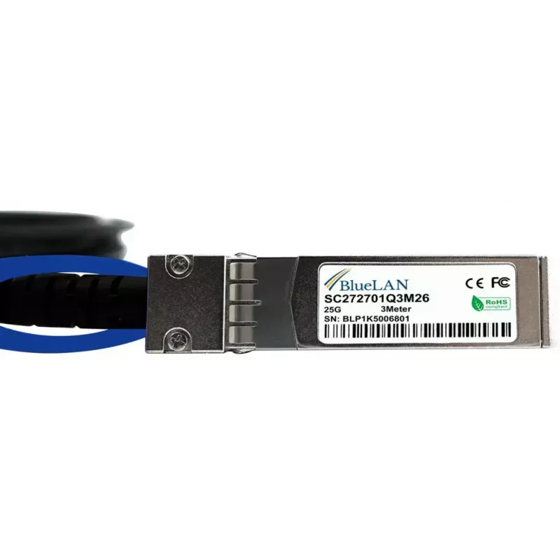 „BlueOptics“ SFP28 DAC laidas, modelis SFP28-DAC-5M-AT, 5 m, jungtys – abiejuose galuose (vyriška / vyriška)