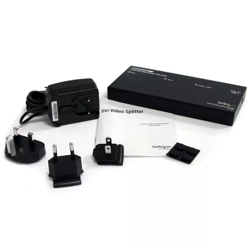 StarTech.com 2 prievadų DVI vaizdo skirstytuvas su garsu, DVI, 2x DVI, 1920 x 1200 pikseliai, Juoda, Aliuminis, 10 m