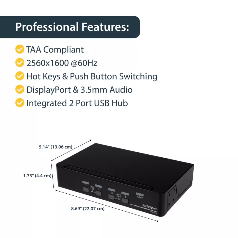 StarTech.com 4 prievadų USB DisplayPort KVM jungiklis su garsu, 3840 x 2400 pikselių, juoda