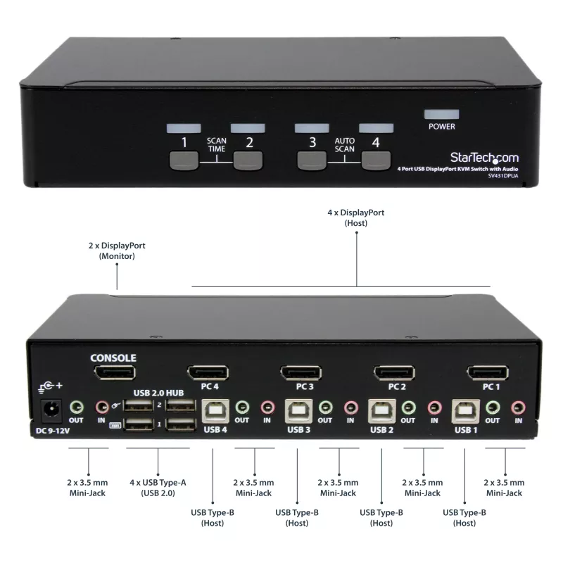 StarTech.com 4 prievadų USB DisplayPort KVM jungiklis su garsu, 3840 x 2400 pikselių, juoda