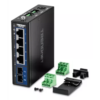 Nevaldomas Gigabit Ethernet jungiklis TRENDnet TI-G51SC, 4x RJ-45 10/100/1000, 10 Gbit/s talpa, 2000 MAC, 9–60 V, montuojamas ant sienos