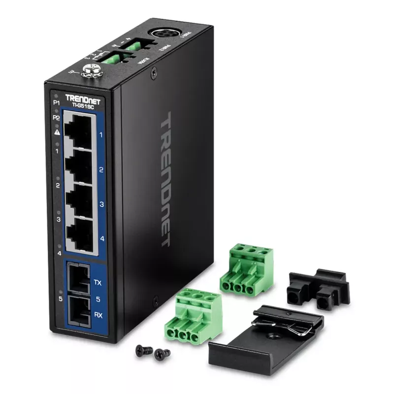 Nevaldomas Gigabit Ethernet jungiklis TRENDnet TI-G51SC, 4x RJ-45 10/100/1000, 10 Gbit/s talpa, 2000 MAC, 9–60 V, montuojamas ant sienos
