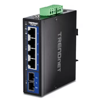 Nevaldomas Gigabit Ethernet jungiklis TRENDnet TI-G51SC, 4x RJ-45 10/100/1000, 10 Gbit/s talpa, 2000 MAC, 9–60 V, montuojamas ant sienos