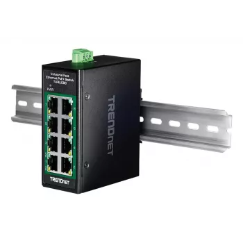 Nevaldomas Fast Ethernet PoE jungiklis TRENDnet TI-PELC80 — 8x 10/100 Mbps RJ-45, IEEE 802.3af/at, 48–56 V DC, montuojamas ant sienos