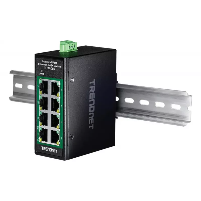 Nevaldomas Fast Ethernet PoE jungiklis TRENDnet TI-PELC80 — 8x 10/100 Mbps RJ-45, IEEE 802.3af/at, 48–56 V DC, montuojamas ant sienos