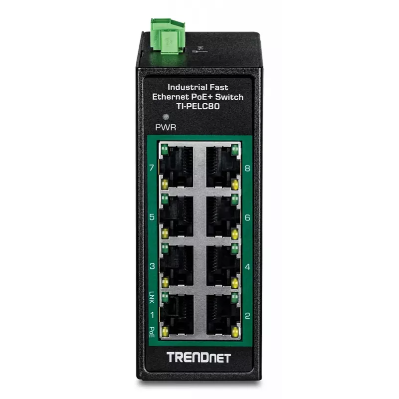 Nevaldomas Fast Ethernet PoE jungiklis TRENDnet TI-PELC80 — 8x 10/100 Mbps RJ-45, IEEE 802.3af/at, 48–56 V DC, montuojamas ant sienos