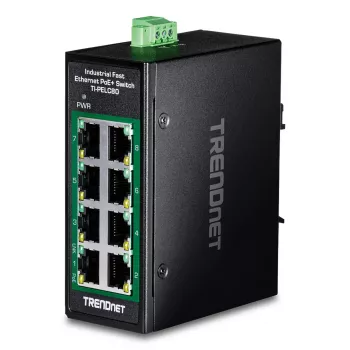 Nevaldomas Fast Ethernet PoE jungiklis TRENDnet TI-PELC80 — 8x 10/100 Mbps RJ-45, IEEE 802.3af/at, 48–56 V DC, montuojamas ant sienos