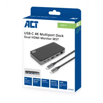ACT USB-C 4K MST dokų stotelė 2 HDMI monitoriams, Ethernet, USB-C, 3x USB-A, PD perdavimu ir 1 metro nuimamu jungiamuoju kabeliu
