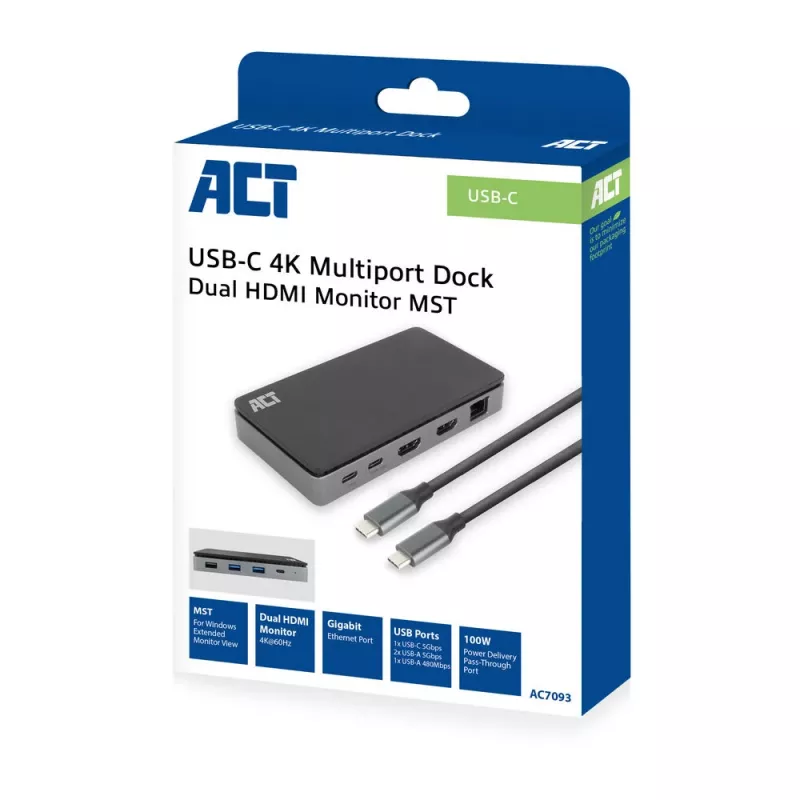 ACT USB-C 4K MST dokų stotelė 2 HDMI monitoriams, Ethernet, USB-C, 3x USB-A, PD perdavimu ir 1 metro nuimamu jungiamuoju kabeliu