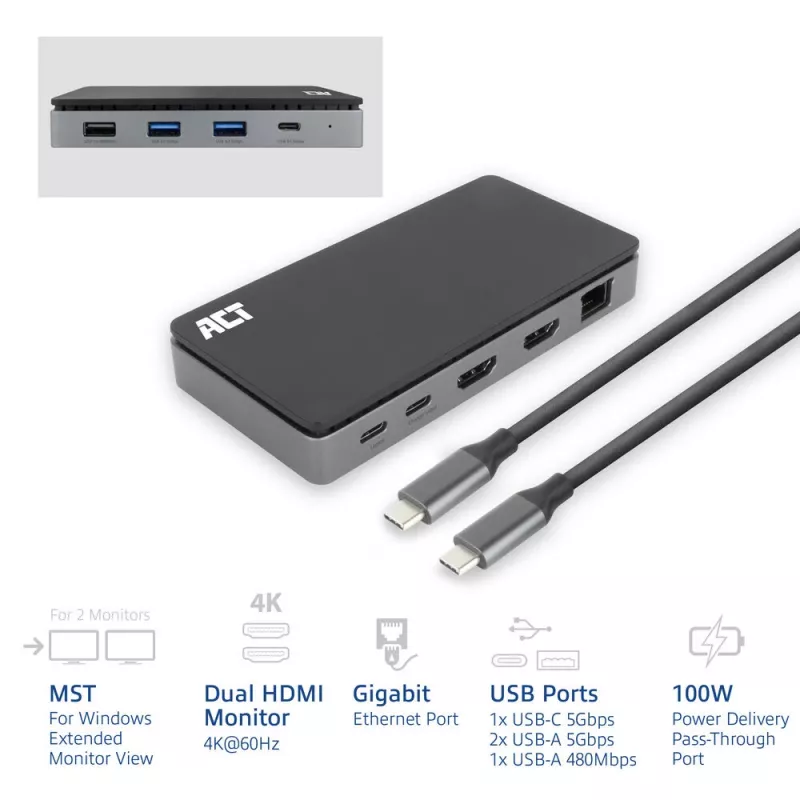 ACT USB-C 4K MST dokų stotelė 2 HDMI monitoriams, Ethernet, USB-C, 3x USB-A, PD perdavimu ir 1 metro nuimamu jungiamuoju kabeliu
