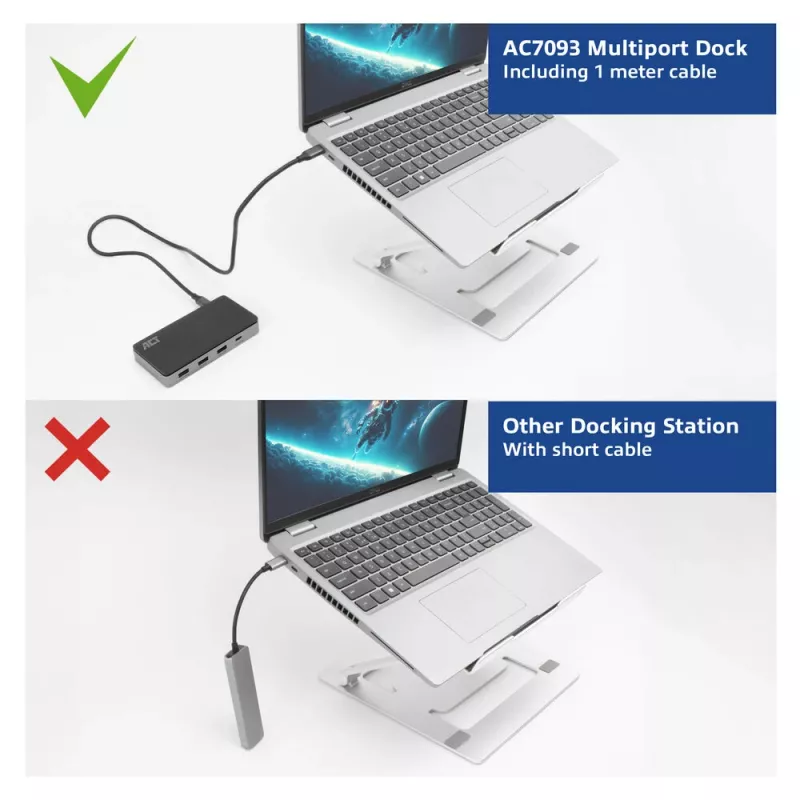 ACT USB-C 4K MST dokų stotelė 2 HDMI monitoriams, Ethernet, USB-C, 3x USB-A, PD perdavimu ir 1 metro nuimamu jungiamuoju kabeliu