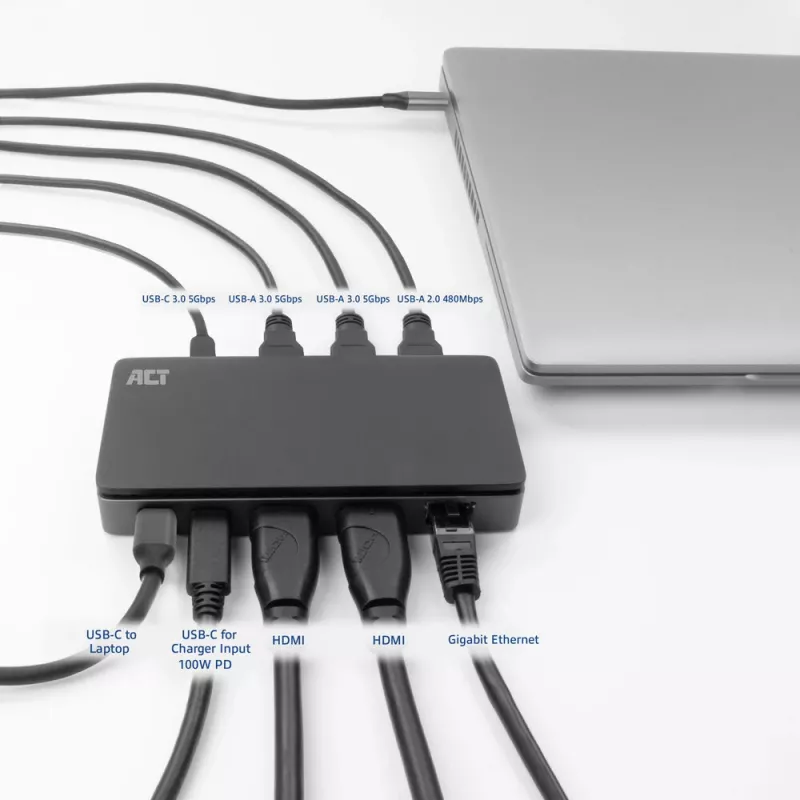 ACT USB-C 4K MST dokų stotelė 2 HDMI monitoriams, Ethernet, USB-C, 3x USB-A, PD perdavimu ir 1 metro nuimamu jungiamuoju kabeliu
