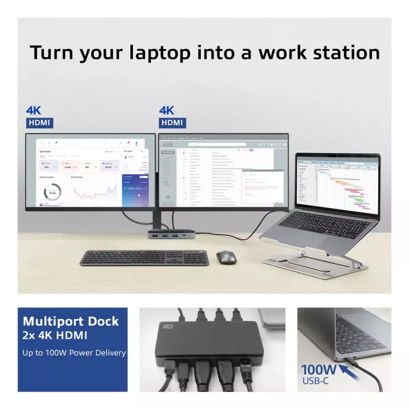 ACT USB-C 4K MST dokų stotelė 2 HDMI monitoriams, Ethernet, USB-C, 3x USB-A, PD perdavimu ir 1 metro nuimamu jungiamuoju kabeliu